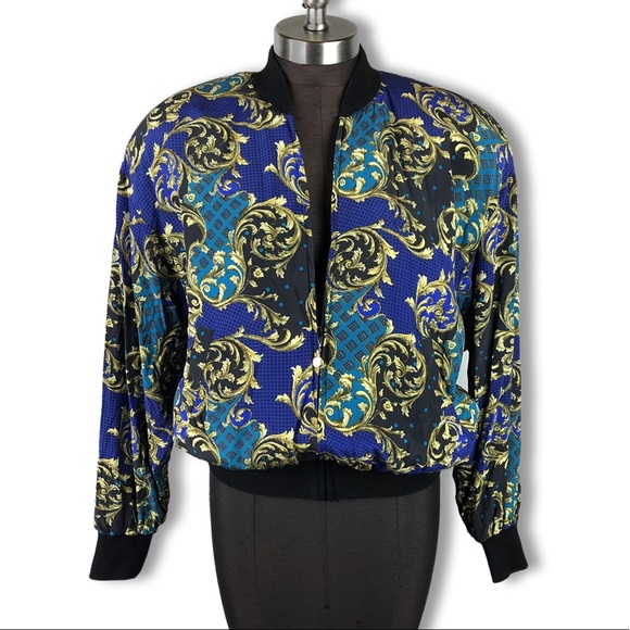 Vintage Jackets & Blazers - Vintage Sunny Leigh Print Silk Bomber Jacket Small